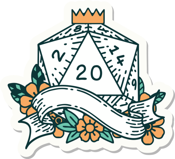 Bir insan tarafından çizilmiş 20 D20 zarının çıkartması.