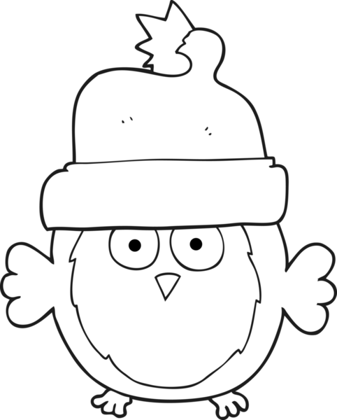 Bir insan tarafından çizilmiş Noel şapkası giyen siyah beyaz bir baykuş çizildi.