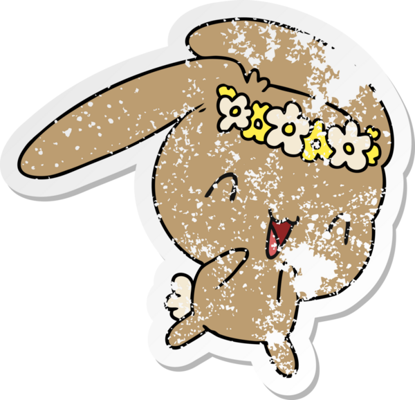 Kederli çıkartma çizimi, kawaii sevimli tüylü tavşan bir insan tarafından çizilmiş.