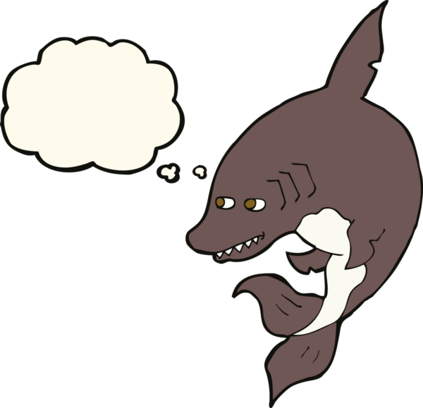 Bir insan tarafından çizilmiş düşünce baloncuklu komik köpek balığı.