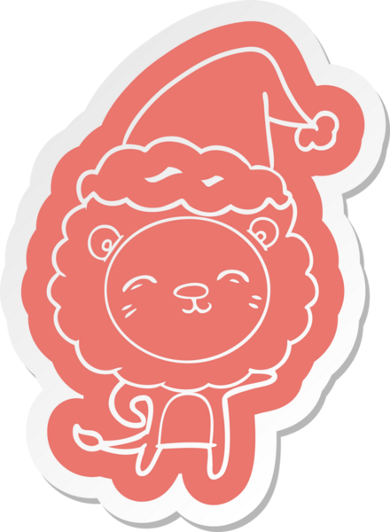 Bir insan tarafından çizilmiş Noel Baba şapkası takan bir aslanın garip karikatür çıkartması.