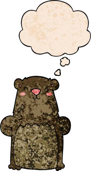 Bir insan tarafından çizilmiş grunge desenli düşünce baloncuklu çizgi film ayısı.