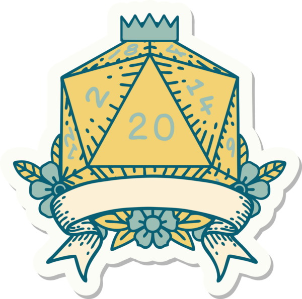 Bir insan tarafından çizilmiş 20 kritik vuruşluk D20 zar etiketi.