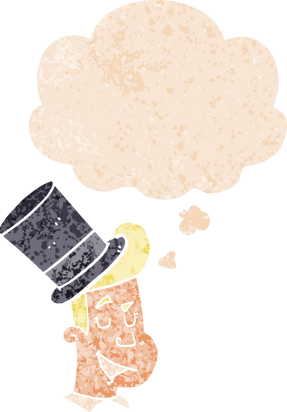 Düşünce baloncuklu silindir şapkalı karikatürcü, bir insan tarafından çizilmiş eskimiş desenli.