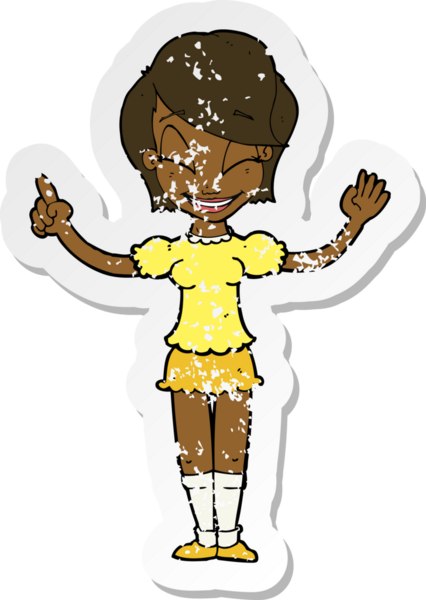 Bir insan tarafından çizilmiş, karikatürlü, kederli, güzel bir kızın retro yapıştırması.