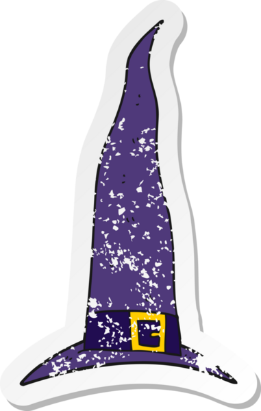 Bir insan tarafından çizilmiş bir çizgi film cadısı şapkasının gerilimli retro yapıştırması.