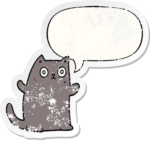 Konuşma baloncuğu olan çizgi film kedisi bir insan tarafından çizilmiş sıkıntılı eski bir çıkartma