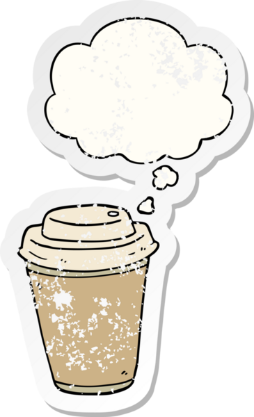 Düşünce baloncuklu çizgi film kahve fincanı insan tarafından çizilmiş yıpranmış bir çıkartma.
