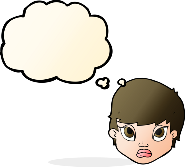 Karikatür somurtan kadın. Düşünce baloncuğu insan tarafından çizilmiş.