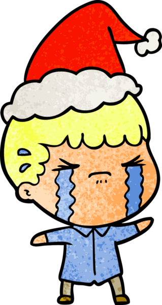 Bir insanın çizdiği Noel Baba şapkasıyla ağlayan bir adamın el çizimi karikatürü.