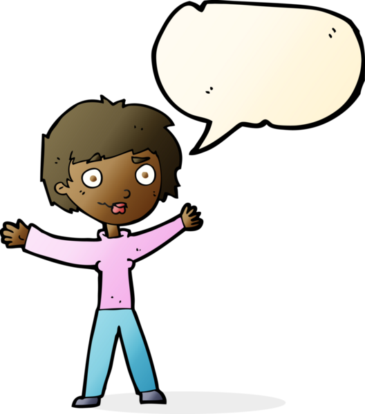 Bir insan tarafından çizilmiş konuşma balonuyla kollarını sallayan çizgi film kadını.