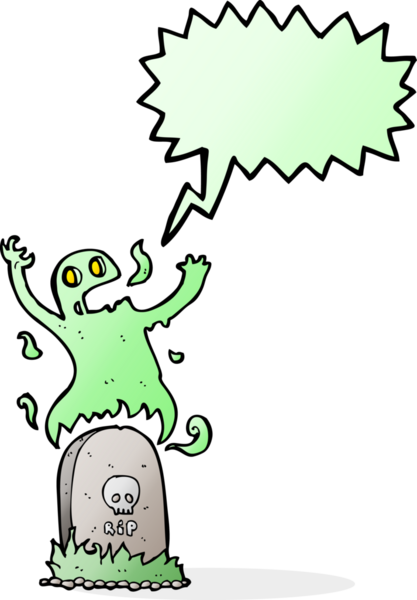 Bir insan tarafından çizilmiş konuşma balonuyla mezardan yükselen karikatür hayaleti.