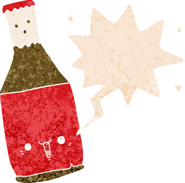 Bir insan tarafından çizilmiş grunge dertli retro tarzı konuşma baloncuklu çizgi film bira şişesi.