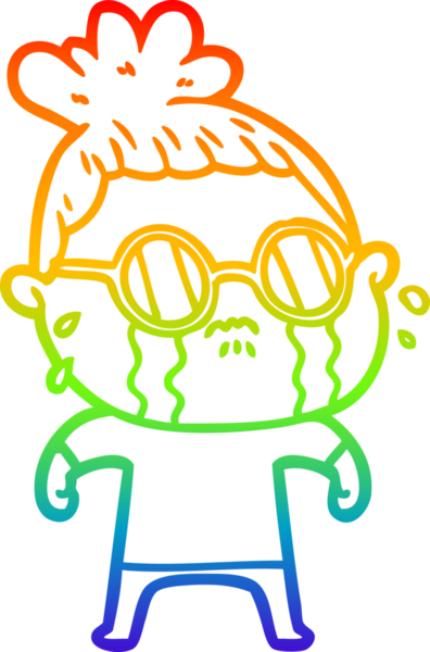 Gökkuşağı gradyan çizgi çizimi. Bir insan tarafından çizilmiş gözlük takan ağlayan bir kadın.