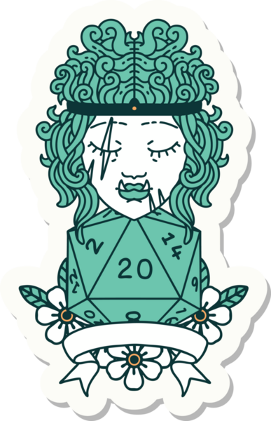 Bir insan tarafından çizilmiş doğal 20 zarlı yarı ork barbar bir karakterin çıkartması.