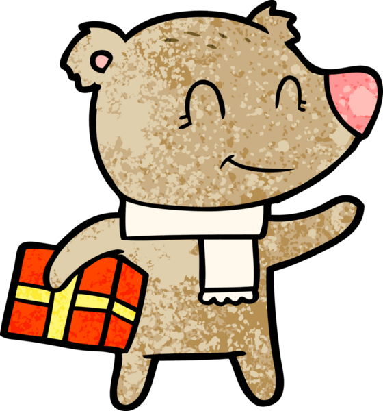 Bir insan tarafından çizilmiş Noel hediyesi ve eşarbı olan dost bir ayı.