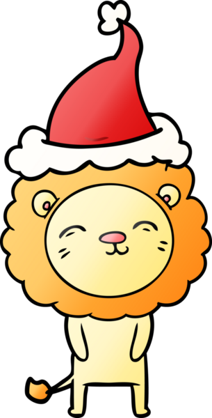 Bir insan tarafından çizilmiş Noel Baba şapkası giymiş bir aslanın el çizimi karikatürü.