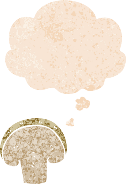 Düşünce baloncuklu çizgi film mantarı dilimi bir insan tarafından çizilmiş dertli retro desenli