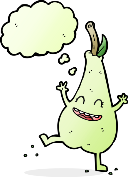 Bir insan tarafından çizilmiş düşünce baloncuğuyla dans eden mutlu bir armut.