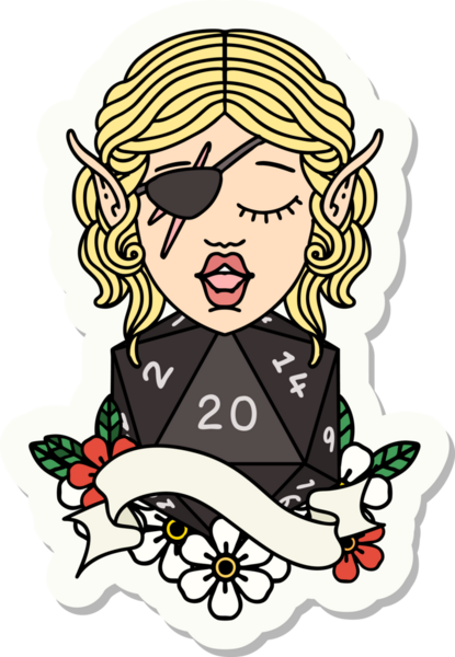 Bir insan tarafından çizilmiş doğal yirmi zarlı düzenbaz bir elf karakterinin çıkartması.