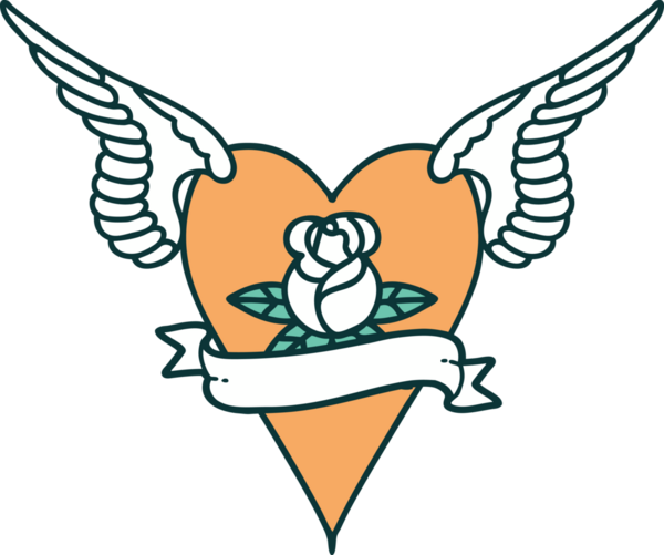 Bir insan tarafından çizilmiş çiçek ve bayrak ile uçan bir kalbin ikonik dövme görüntüsü