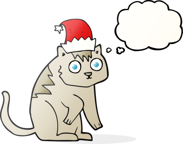 Bir insan tarafından çizilmiş Noel şapkası giyen serbest çizim baloncuk çizgi film kedisi.