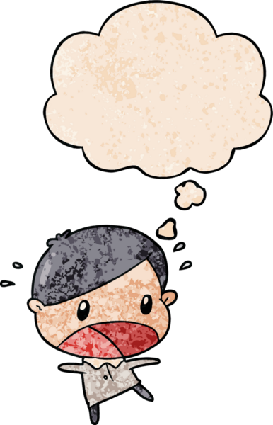 Bir insan tarafından çizilmiş grunge desenli düşünce baloncuklu karikatür adamı şok etti.