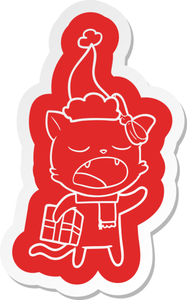 Noel hediyesi olan bir kedinin insan tarafından çizilmiş Noel Baba şapkası giymesi.