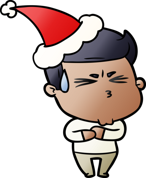 Bir insan tarafından çizilmiş Noel Baba şapkası giymiş hayal kırıklığına uğramış bir adamın el çizimi karikatürü.