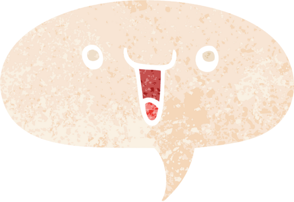 Bir insan tarafından çizilmiş grunge sıkıntılı retro tarzı ile konuşma baloncuğu ile sevimli mutlu çizgi film yüzü