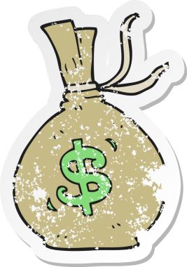 Bir insan tarafından çizilmiş para dolu bir karikatür çantasının geriletilmiş etiketi.