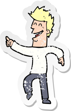 Bir insan tarafından çizilmiş, gülen ve işaret eden bir çizgi film karakterinin gerilemiş retro yapıştırması.