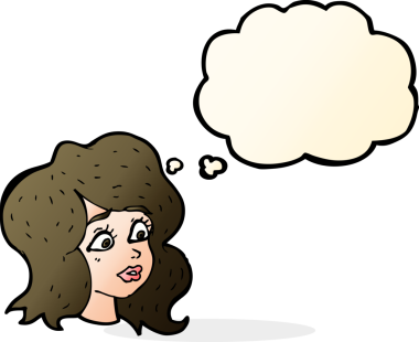 Bir insan tarafından çizilmiş düşünce baloncuğuyla ilgilenen çizgi film kadını.