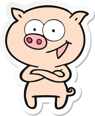 Bir insan tarafından çizilmiş neşeli bir domuz çizgi filminin çıkartması.