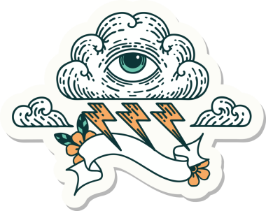 Bir insan tarafından çizilmiş her şeyi gören bir göz bulutu dövmesi stili çıkartması