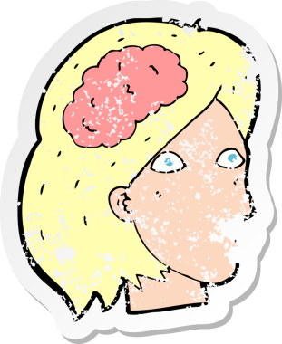 Bir insan tarafından çizilmiş beyin sembolü olan bir kadın kafasının gerilimli retro yapıştırması.