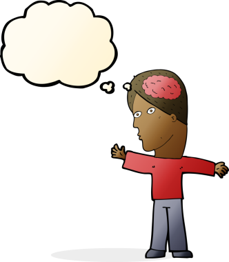 Düşünce baloncuğu insan tarafından çizilmiş beyni olan çizgi film adamı.