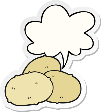 Bir insan tarafından çizilmiş konuşma balonu çıkartmalı patatesler.