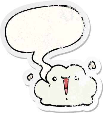 Konuşma baloncuğu olan sevimli çizgi film bulutu bir insan tarafından çizilmiş sıkıntılı eski bir çıkartma