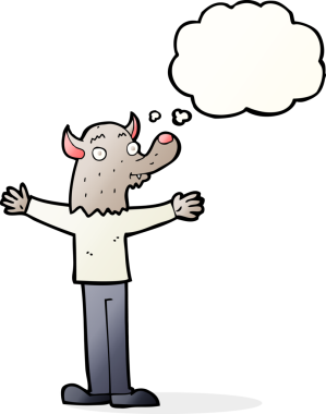 Bir insan tarafından çizilmiş düşünce baloncuğu olan karikatür dostu kurt adam.