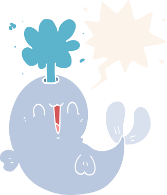 Bir insan tarafından çizilmiş eski usul konuşma baloncuğuyla su püskürten çizgi film balinası.