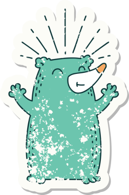 Dövme stili eski bir çıkartma. Bir insan tarafından çizilmiş mutlu ayı.