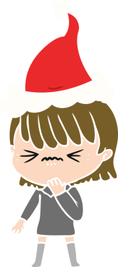 Bir insan tarafından çizilmiş Noel Baba şapkası giyen bir kızın el çizimi düz renkli çizimi.