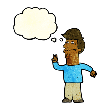 Bir insan tarafından çizilmiş düşünce baloncuğuyla barış işareti yapan çizgi film adamı.