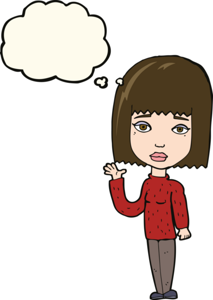 Bir insan tarafından çizilmiş düşünce baloncuğuyla el sallayan çizgi film kadını.