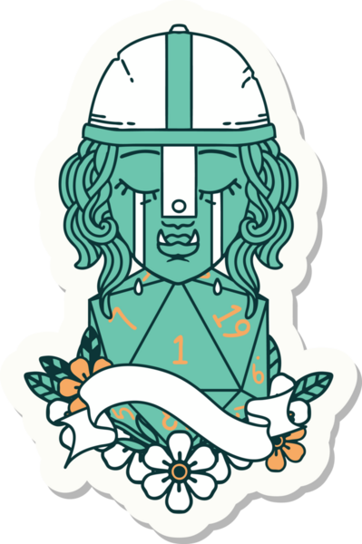 Ağlayan bir Ork savaşçı karakterinin çıkartması. Doğal bir d20 rulo ile bir insan tarafından çizilmiş.