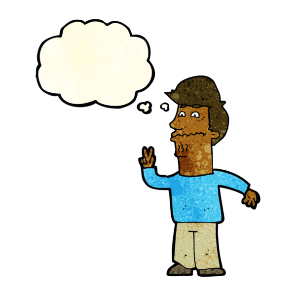 Bir insan tarafından çizilmiş düşünce baloncuğuyla barış işareti yapan çizgi film adamı.