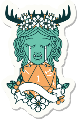 Ağlayan bir ork barbar karakterinin çıkartması. İnsan tarafından çizilmiş doğal bir D20 ruloyla.