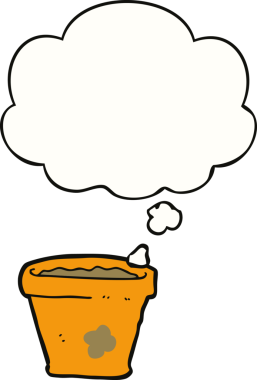 Bir insan tarafından çizilmiş düşünce baloncuklu saksı.