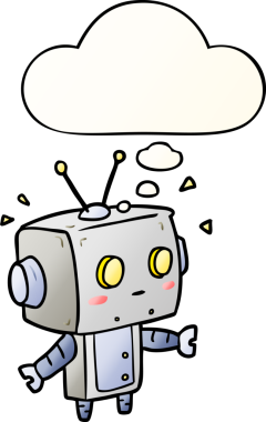 Bir insan tarafından çizilmiş, düşünce baloncuklu çizgi film robotu.